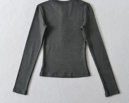 Elastisches Unifarbenes Basis Rundhals Halbknopf Langarm T-Shirt Oberteil