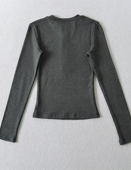 T-shirt à manches longues basique en couleur unie avec col rond et demi-boutonnage