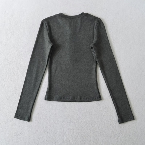 Camiseta básica de cuello redondo de color sólido con media botonera y manga larga para mujeres, ajustada elástica con forro de felpa