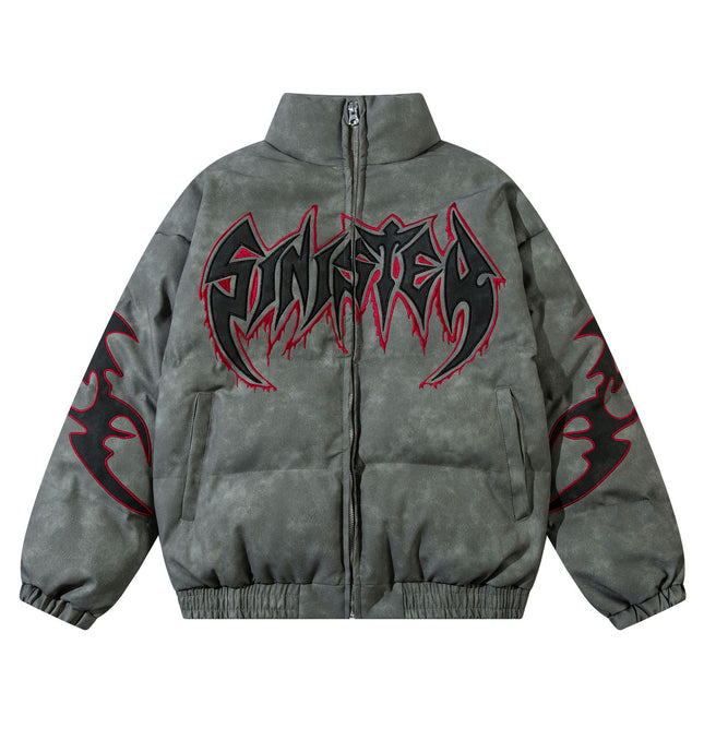 Jachetă brodată cu flacără, aspect de piele