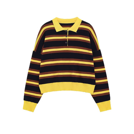 Model wearing Stripe solid color long sleeve sweater by Grozavu