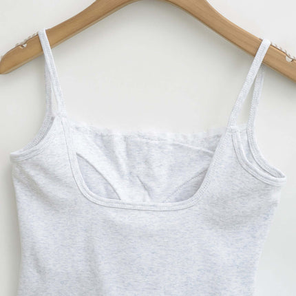 Lace Strap Button Tank Top - Slim Fit on a hanger, showcasing delicate lace straps and soft fabric.