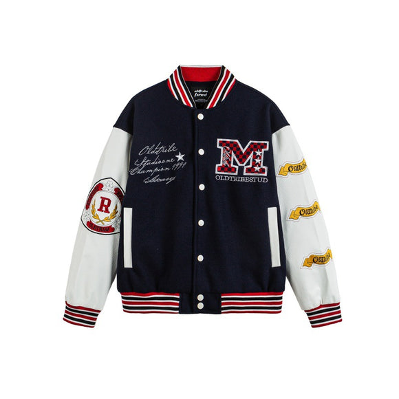 Brand Letter Emblem Leather Patchwork Baseball Jacket Men