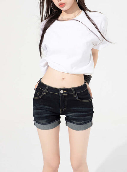 Back view of Black low rise cuffed shorts by Grozavu