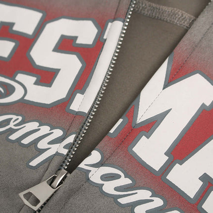 Faux Suede Print Zip-Up Hoodie – Loose Fit close-up showing the zip and print detail.