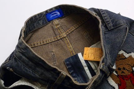 Vintage Cartoon Towel Embroidery Washed Knife-Edge Jeans Pants