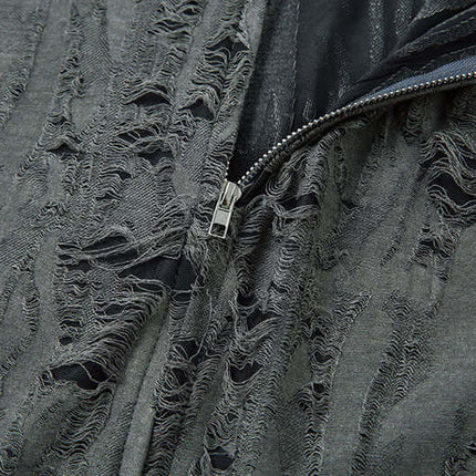 Distressed Short Sleeve Shirt - Loose Fit close-up of zipper and fabric texture showing distressed design