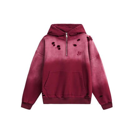 Half-Zip Printed Hoodie – Loose Fit in burgundy with distressed details and half-zip design for a stylish casual look.
