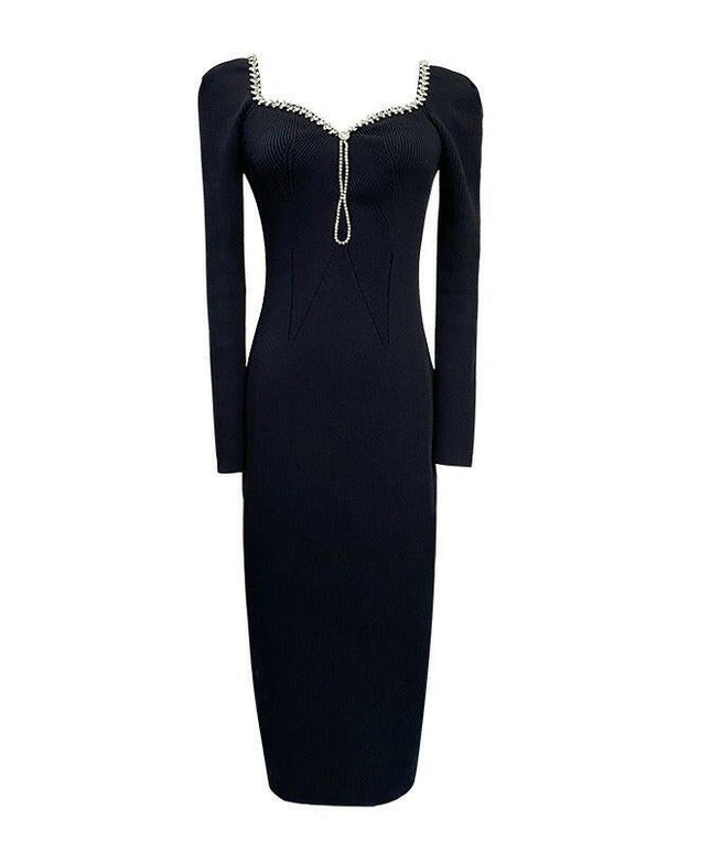 Grozavu's Rhinestone-Trimmed Backless Knitted Dress: Sexy V-Neck, Slim-Fit Design
