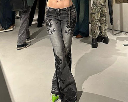 Retro plant print washed water slim fit and slimming flared jeans