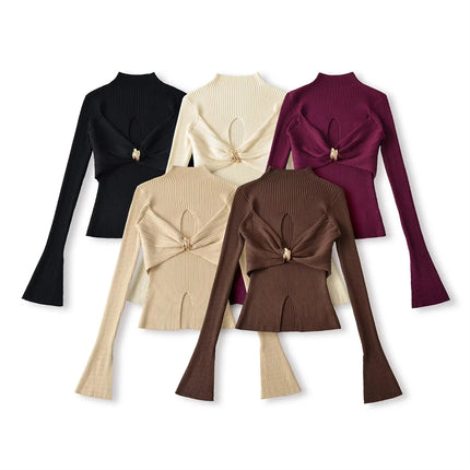 Metal Knot Hollow-Out Flare Sleeve Knit Top – Slim Fit Sexy Chic