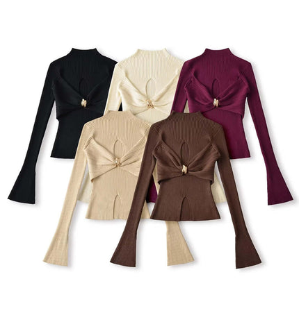 Metal Knot Hollow-Out Flare Sleeve Knit Top in various colors, showcasing elegant design and modern style.