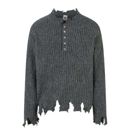 Ripped Hem Knit Cardigan – Loose Fit featuring a distressed ripped hem and casual button details.