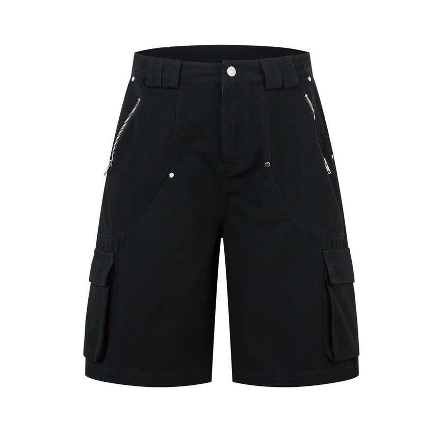 Model wearing Black multi pocket workwear capri shorts by Grozavu