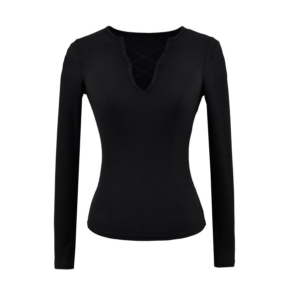 Strap V-neck long sleeved T-shirt for women