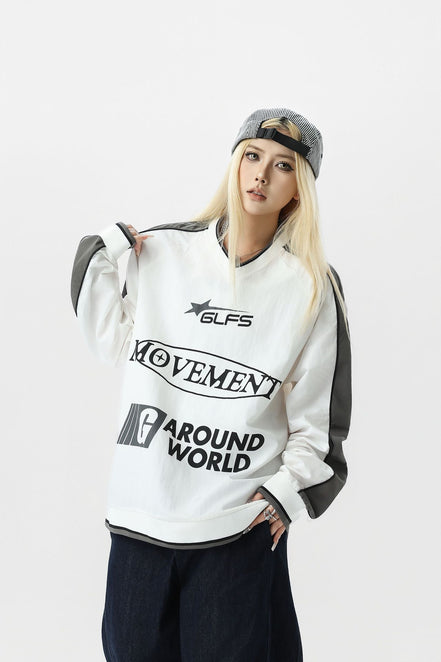 Camisa de Manga Larga con Cuello en V Deportiva Impermeable Negra Blanca