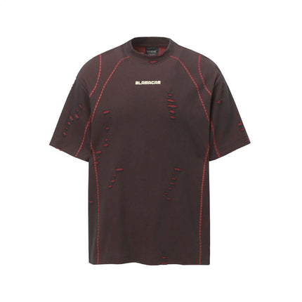 Punk Distressed Short Sleeve T-Shirt – Loose Fit in dark color with ripped detailing and red stitching for relaxed summer style.