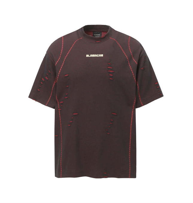 Punk Distressed Short Sleeve T-Shirt – Loose Fit in dark color with ripped detailing and red stitching for relaxed summer style.