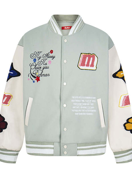 Green paneled varsity jacket with Grozavu logo