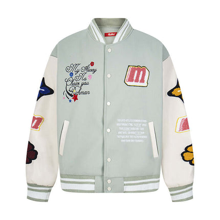 Green paneled varsity jacket with Grozavu logo