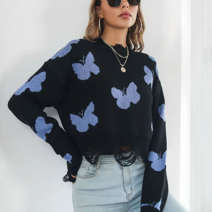 Distressed Butterfly Cropped Sweater – Slim Fit