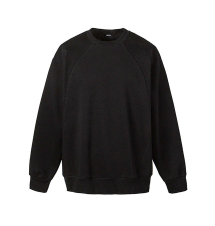 Round Neck Patchwork Pullover Hoodie in black color, featuring a relaxed fit and soft fabric for casual wear.