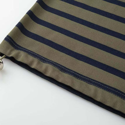 Striped Lapel Polo Shirt fabric close-up showing the green and navy striped pattern and zipper detail.