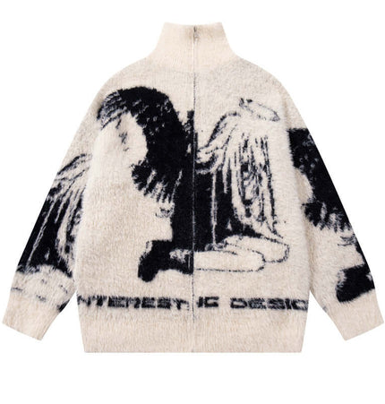 Floral Jacquard Knit Cardigan – Loose Fit with bold angel floral pattern and cozy design.