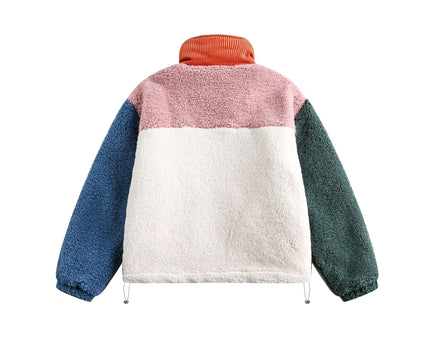 Color-blocked Lamb Velvet Stand-up Collar Patchwork Quilted Jacket