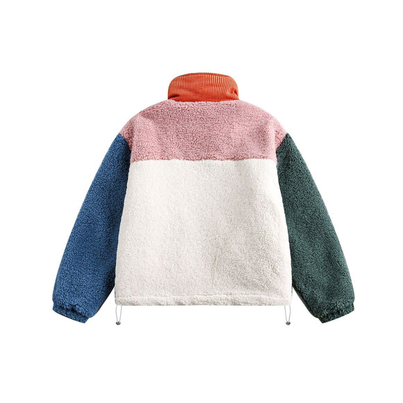 Color-blocked Lamb Velvet Stand-up Collar Patchwork Quilted Jacket