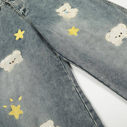 Pantalons en denim brodés de style décontracté avec des dessins animés