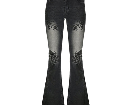 Retro plant print washed water slim fit and slimming flared jeans