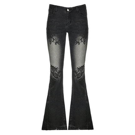 Retro plant print washed water slim fit and slimming flared jeans