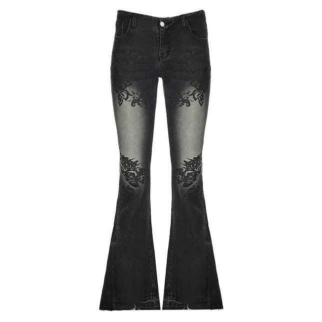 Retro-Pflanzenmuster Slim Flared Jeans