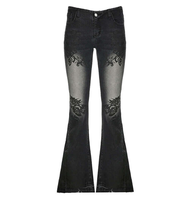 Retro Plant Print Slim Flared Jeans featuring a washed finish and plant print detailing on a black background.