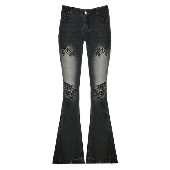 Retro plant print washed water slim fit and slimming flared jeans
