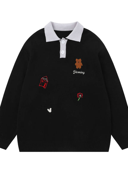 Black polo neck sweater japanese knitwear with Grozavu logo