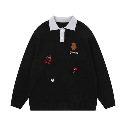 Black polo neck sweater japanese knitwear with Grozavu logo