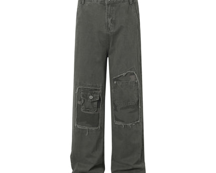 High Street  Washed Distressed Patch Pocket Decorated Denim Pants
