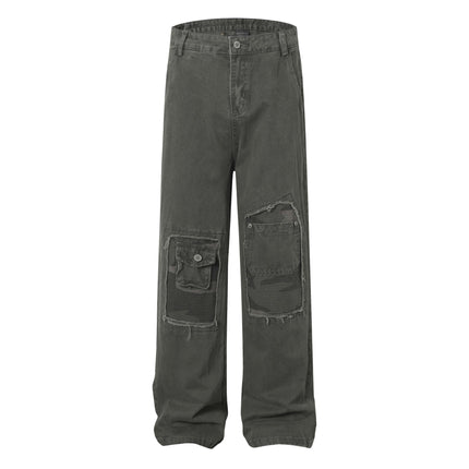 High Street  Washed Distressed Patch Pocket Decorated Denim Pants Unisex Loose Long Trousers