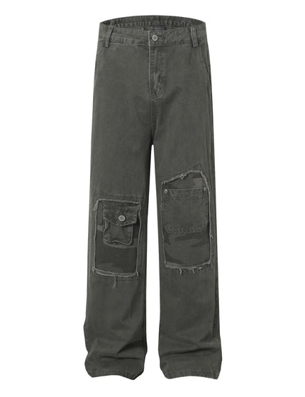 High Street  Washed Distressed Patch Pocket Decorated Denim Pants Unisex Loose Long Trousers