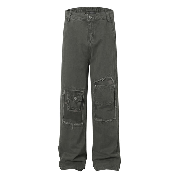 High Street  Washed Distressed Patch Pocket Decorated Denim Pants Unisex Loose Long Trousers