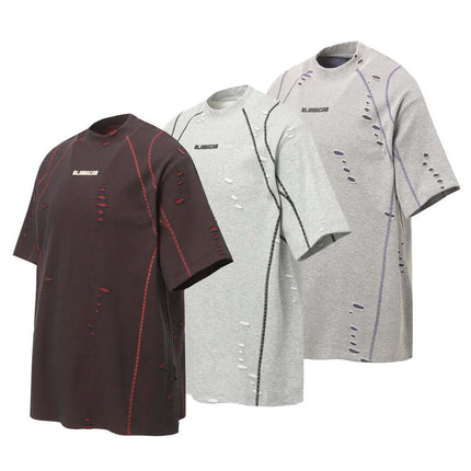 Punk Distressed Short Sleeve T-Shirt – Loose Fit in red, grey, and black, featuring unique rips and a relaxed fit.