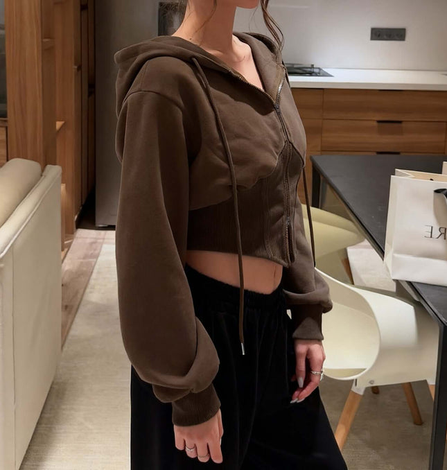 Solid Color Zip Hoodie – Casual Fit, brown zip hoodie jacket with hood and long sleeves, styled casually.