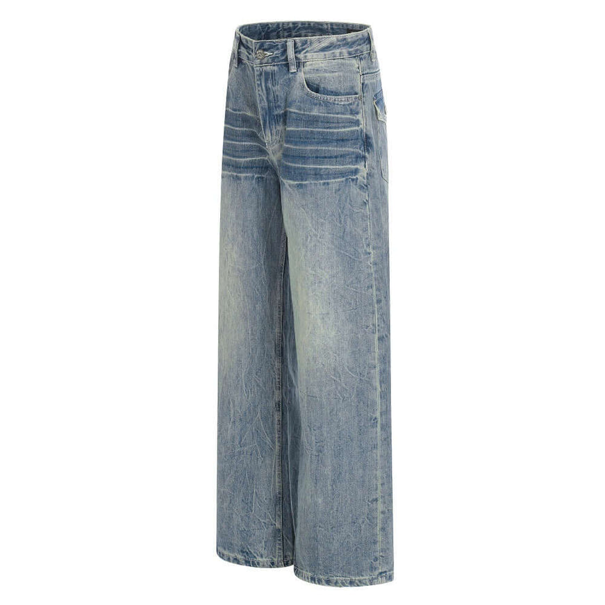 Washed Blue washed denim straight leg pants with Grozavu logo
