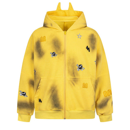 Sudadera con capucha con cremallera bordada de letras desgastadas – Corte holgado