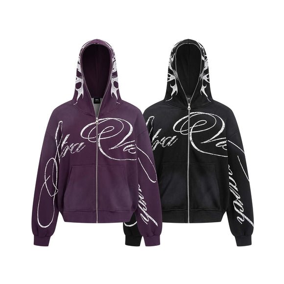 Flame letter zip hoodie | High street streetwear jacket | Unisex loose fit hoodie | Trendy flame print sweatshirt | Casual zip-up hoodie black | Purple streetwear hoodie