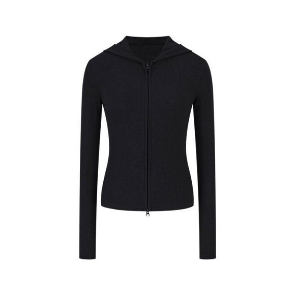 Chaqueta con capucha dulce y picante para mujeres, ajuste slim, ligera, top de manga larga con doble cremallera