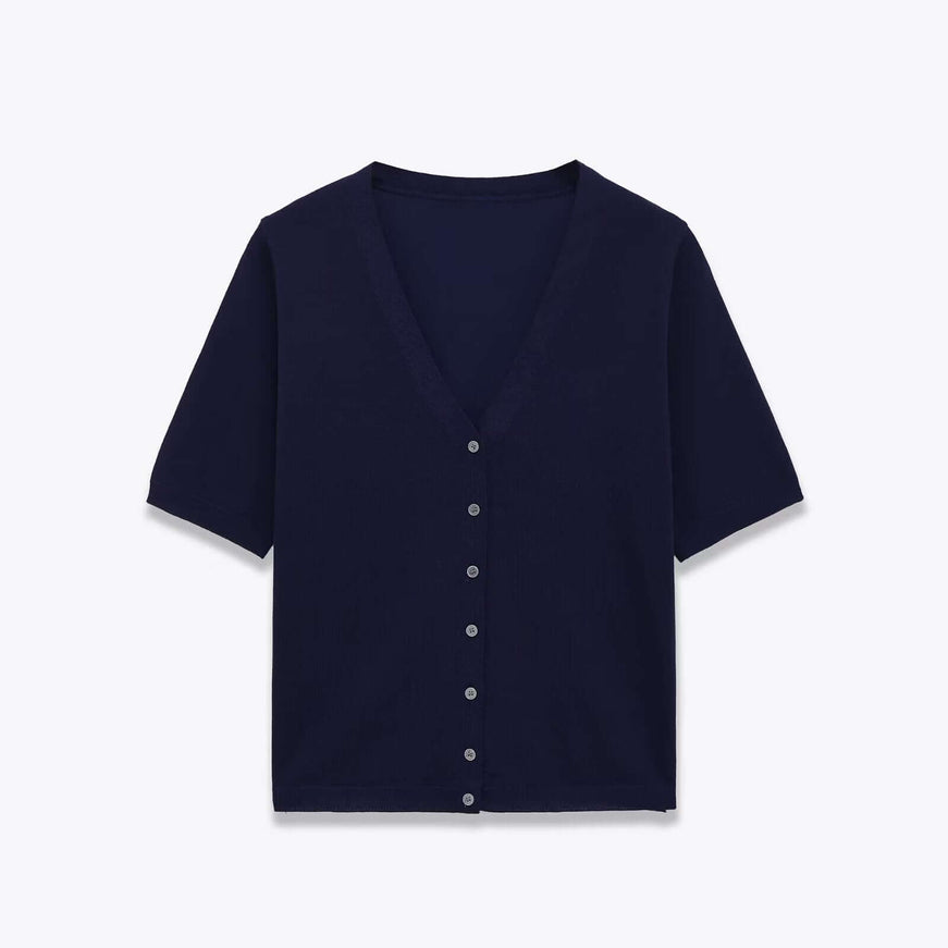 Model wearing Navy Blue v neck single breasted jacket by Grozavu