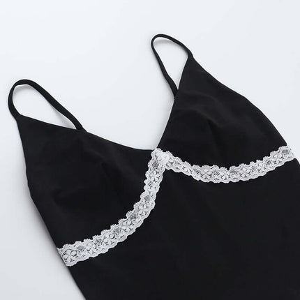 Lace Patchwork VNeck Top – Slim Fit featuring a delicate lace trim on a black background.